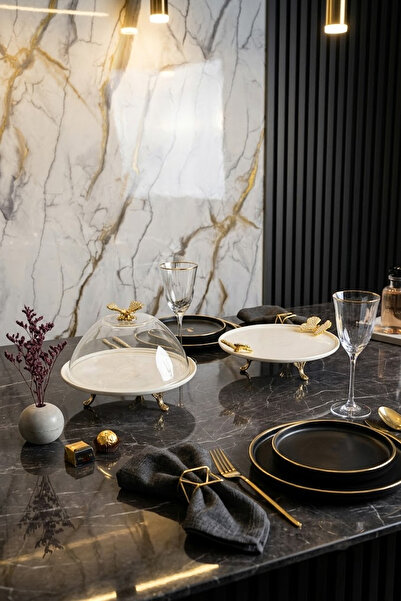 MAY HOME 2'Li Porselen Fanus Ve Tabak Seti & Kek Kurabiye Pasta Sunumluğu