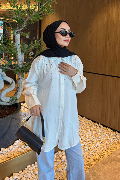 İmajButik Ekru Taş Detaylı Gömlek