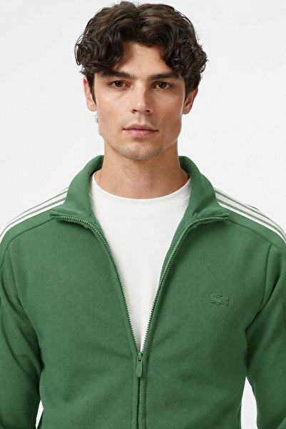 Lacoste سترة رجالية ضيقة بتصميم مونوغرام مع سحاب كامل وشعار، لون أخضر