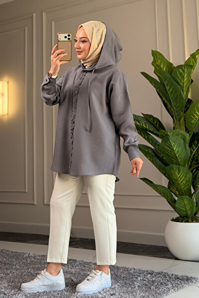 Suede Style 6536- Şık Rahat Fırfır Detaylı Yumuşak Dokuma Kumaş Kadın Kapüşon...