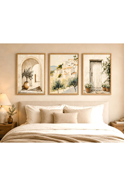 TekTablo Set de 3 tablouri înrămate cu inspirație mediteraneană, decor de per...