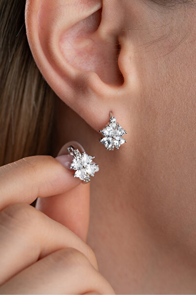 Silvano Jewelry 925 Ayar Gümüş Beyaz Taşlı Yonca Küpe