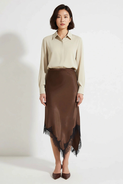 BENERLY Fusta midi din satin cu croială asimetrică pentru femei, cu detaliu din dantelă, talie normală, țesătură din viscoză, elegantă, casual, confortabilă