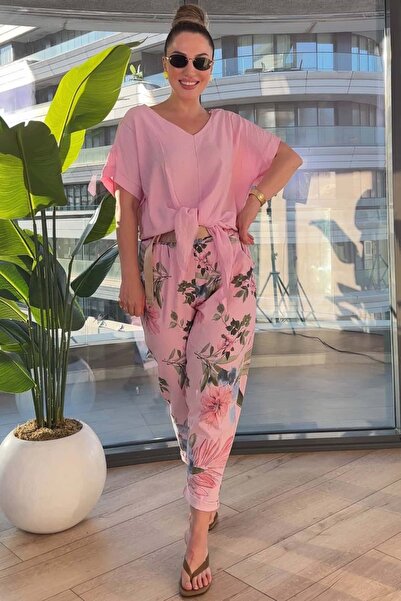 BRGCLOTHING İtalyan Gabardin Çiçekli Likralı (Kemer Dahil) Pantolon Dantelli ...