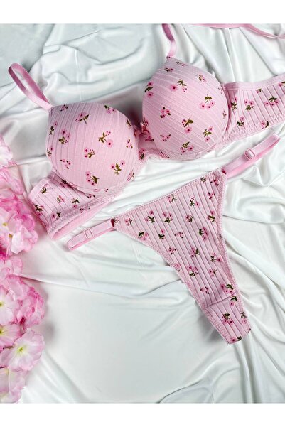 ROZENİN LINGERIE Kadın Kaşkorse Çiçek Desenli Destekli Sütyen String Külot Ta...