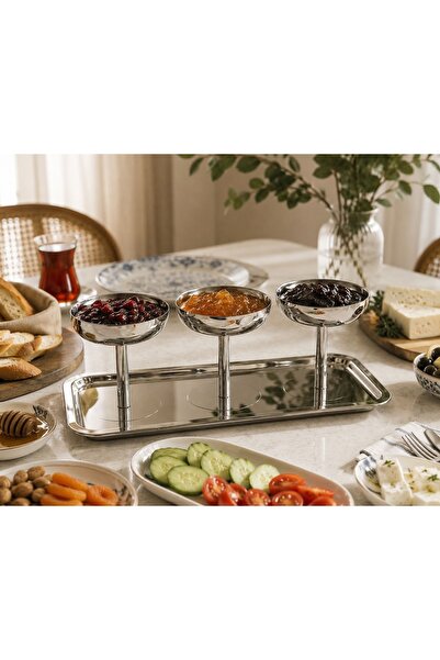 RoyalDecorHome Paslanmaz Çelik 3’lü Ayaklı Kase Lüks Dikdörtgen Tepsili Sunum...