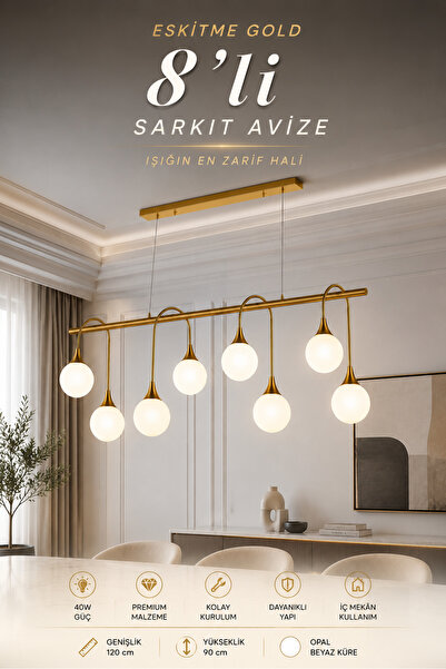 Elvora Home Eskitme (PREMİUM) Gold 8 Opal Küreli Sarkıt Avize Yemek Masası Sa...