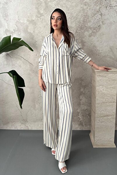 Caddebostan Moda طقم قميص وبنطلون من الساتان المخطط