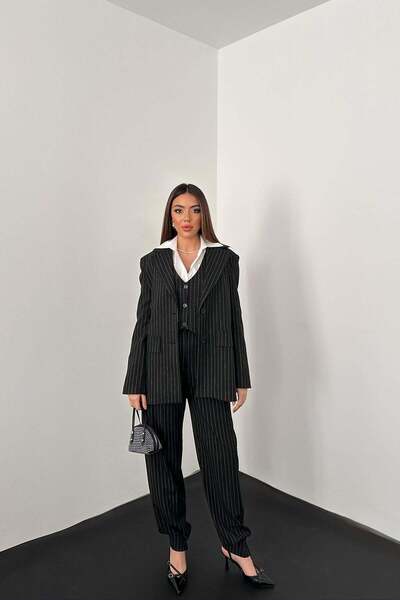 Caddebostan Moda Striped Jacket Vest Trousers Triple Women's Suit Combination