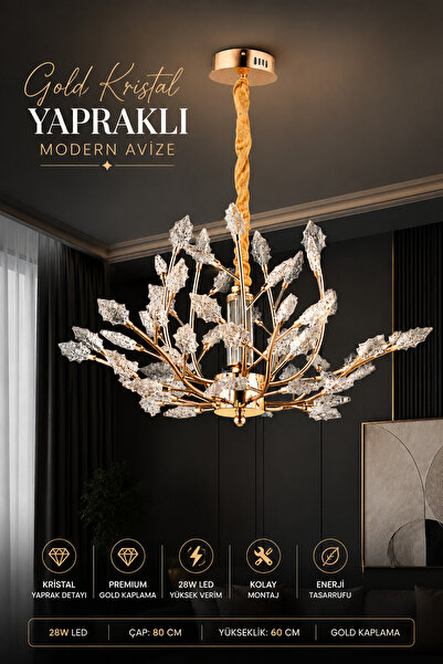 Elvora Home Modern (PREMİUM) Kristal Sarmaşık Yaprak Detaylı Gold LED Avize S...