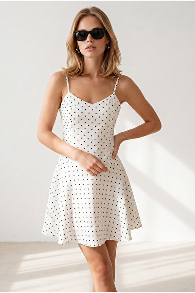Olalook Women's White Top Lined Strap Mini Polka Dot Dress Elb-19002672