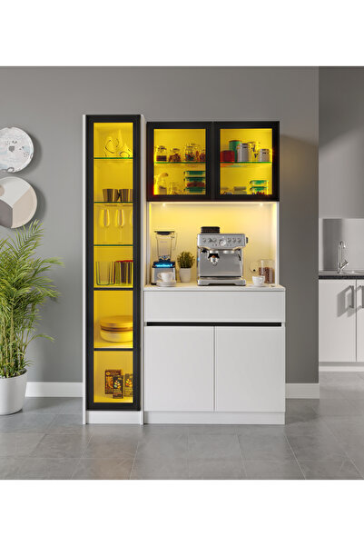 GuneyStore Moon Midi Sol Vitrinli Kahve Köşesi Komple MDF LED Mutfak Dolabı
