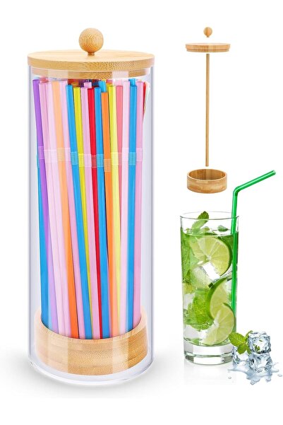 Arabest Dustproof Straw Dispenser, Bamboo Lid Acrylic Countertop Organizer 10...