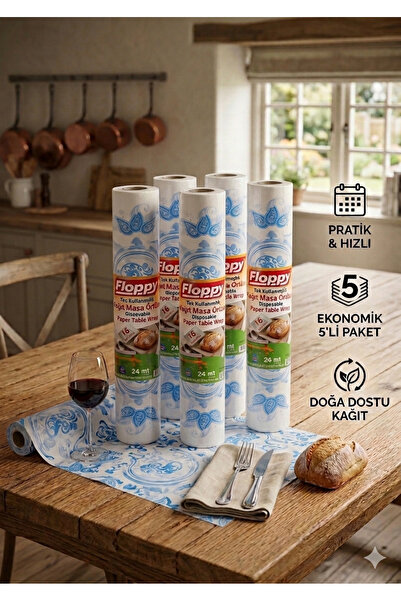 Mavi Desenli Tek Kullanımlık Kağıt Masa Örtüsü Rulosu 5'li Paket (5 x 24 Metre)
