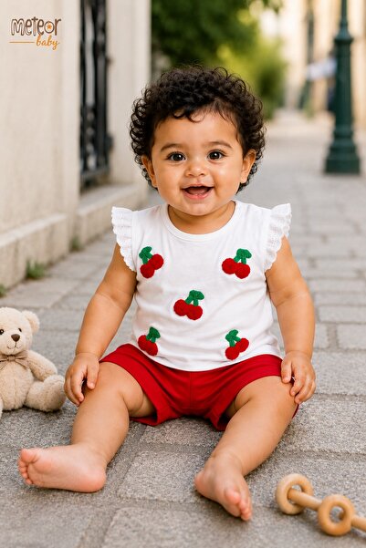 METEOR BABY Baby Girl Heart Ruffle Detailed Shorts Set Summer 2-Piece Baby Set