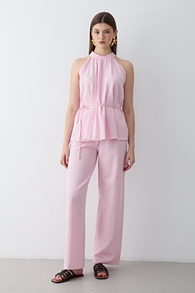 JASTE Women's Pink Halter Neck Belted Blouse and Trousers Set