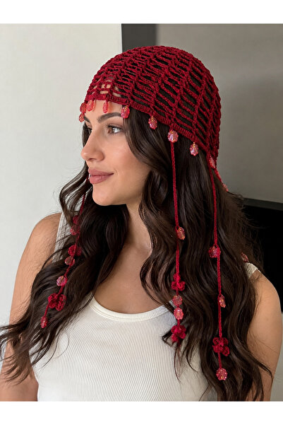 Aygül Home Kırmızı simli midye aksesuarlı file model bandana