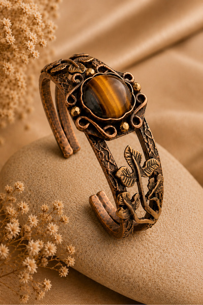 İyyaKee Women's Tiger's Eye Stone Copper Bracelet with Leaf Figure, Authentic...