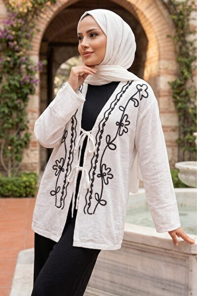 TOFİSA Önü Bağlamalı Nakışlı Kimono Beyaz - 28487-BEYAZ