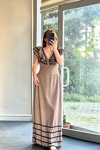 Pulli Collection Keten Maxi Boy Acı Kahve Astarlı Elbise