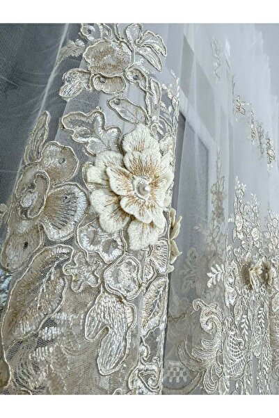 MERT TEXTILE Perdea crem cu flori brodate 3D / Este fabricat la standarde de ...