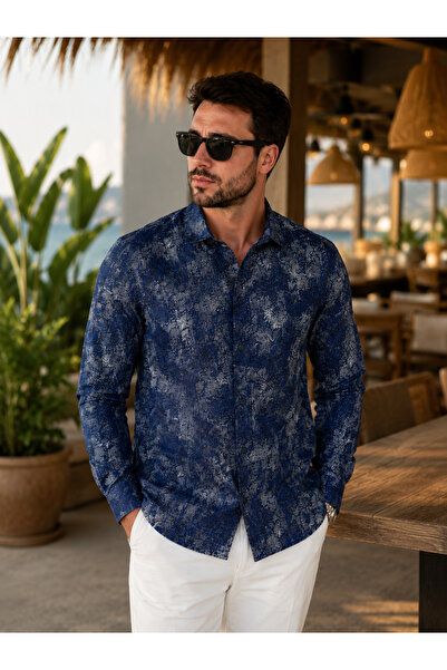 Bravis collection Slimfit Uzunkol Desenli Likralı Çıtçıtlı Gömlek