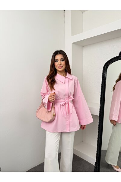 MiraMore Butik Oversize Yaka Kuşaklı Kadın Gömlek