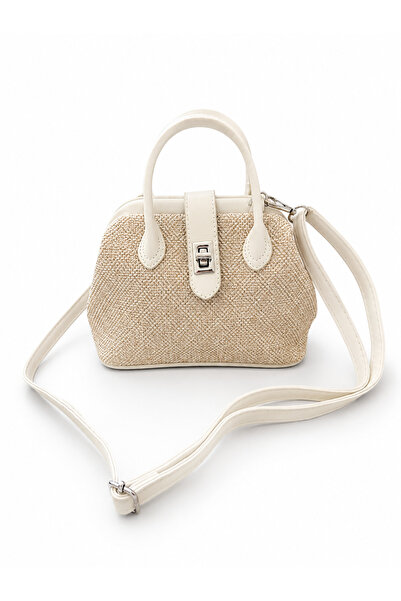 Women's Bag with Straw Texture Hand and Shoulder Bag with Lock Closure Cream Suitable for Daily Use