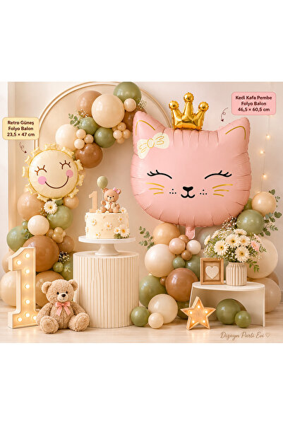 Dizayn Parti Evi Kedi Kafa Pembe Folyo Balon ve Retro Güneş Folyo Balon Doğum...