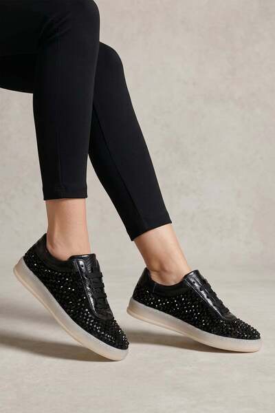 Ayakkabı Fuarı Elit Zyn4225 Women's Genuine Leather Stoned Casual Shoes Black