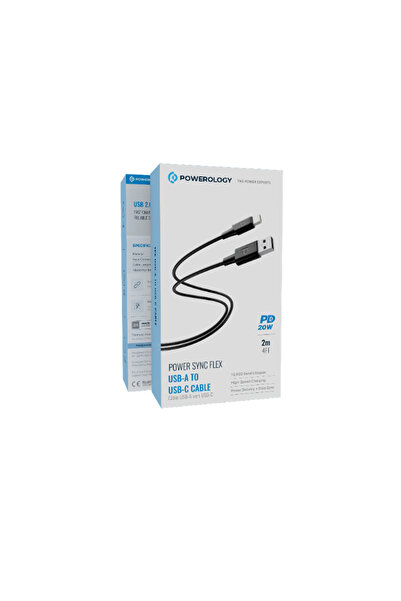 Powerology كابل Power Sync Flex USB-A إلى USB-C بطول 2 متر، PD 20 واط، أسود