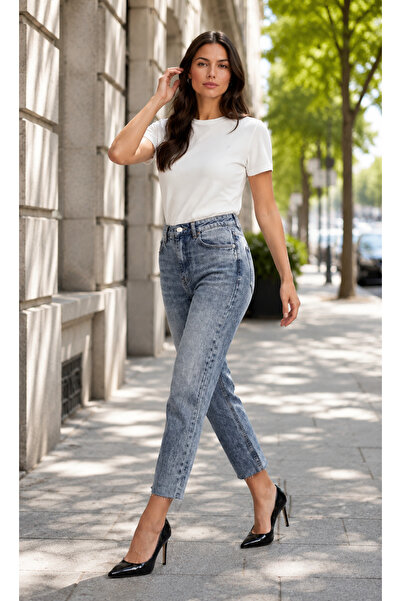komera Pantaloni de damă din denim 100% bumbac, cu croială mam fit, cu picior decupat, talie înaltă, 3449_s17