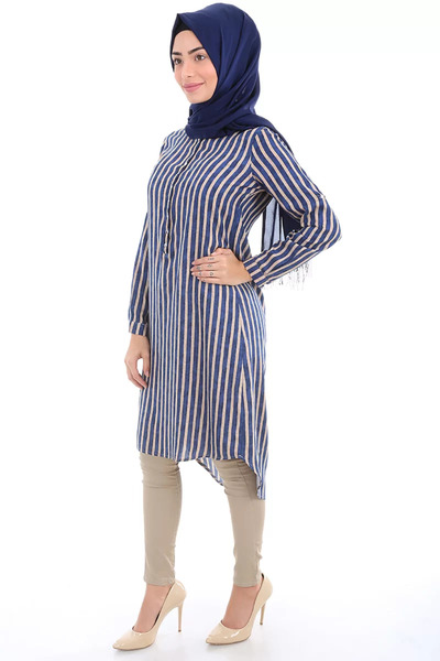 buğrahayalin Women's Hakim Collar Striped Saks Hijab Tunic