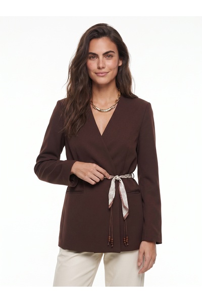 ONLOOX Brown Viscose Double-Breasted V-Neck Comfortable Fit Classic Jacket wi...