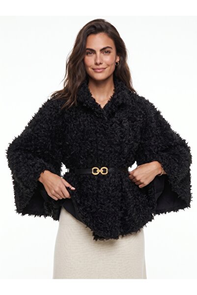 ONLOOX Black Soft Textured Polyester Fabric Plush Form Poncho with Waist Belt...