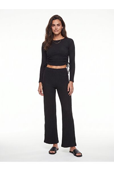 ONLOOX Black Wrinkled Viscose High Waist Elastic Pants with Tie Sides Crop Set