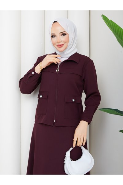 MİHRİZAR Women's Pocket Detailed Zippered Jacket and Skirt Islamic Clothing Two-Piece Set