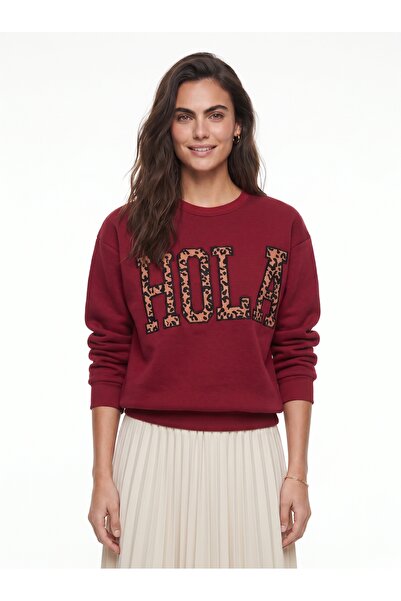 ONLOOX Burgundy Cotton Three-Threaded Leopard Embroidery Detailed Long Sleeve...