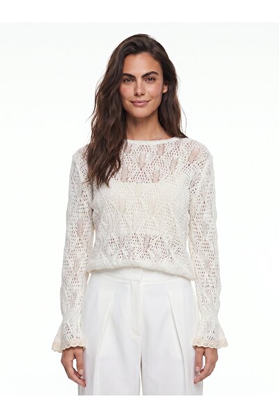 ONLOOX Ecru Openwork Cotton Knit Crew Neck Flowy Cut Flounce Sleeves Patterne...