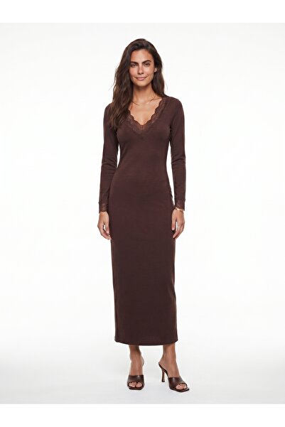 ONLOOX Brown Lycra Stretch Fabric V-Neck Pencil Shape Long Dress with Lace De...