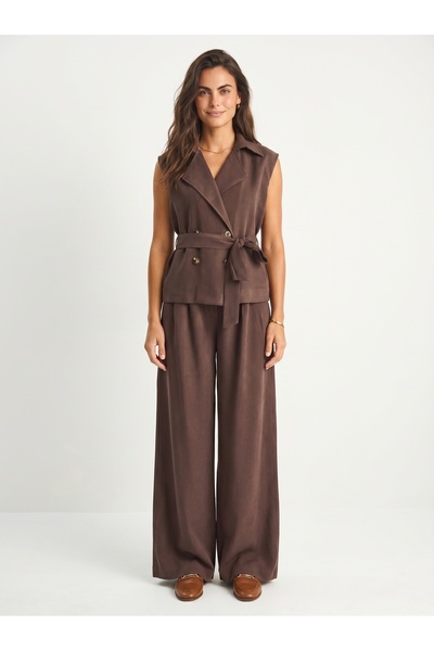 ONLOOX Brown Modal Fabric Double-Breasted Collar High-Waist Wide-Leg Belted T...