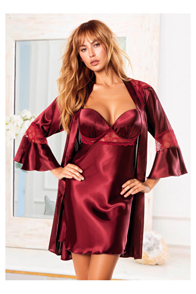 White Velvet Women's Burgundy Satin Dressing Gown & Nightgown 2-Piece Set