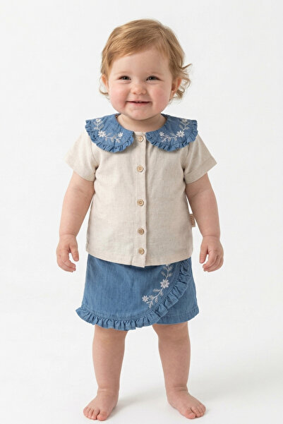 zumino Floral Embroidered Shirt Denim Skirt Summer 2-Piece Set