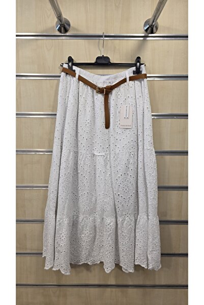Park Moda Fustă italiană din bumbac festonat, cu curea