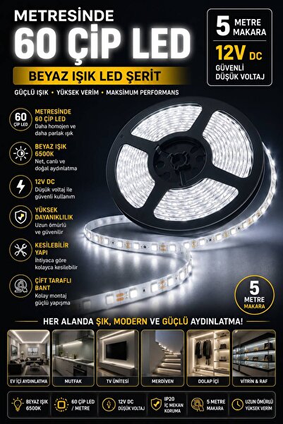 Horoz Elektrik 12V 60 ÇİP İÇ MEKAN ŞERİT LED BEYAZ 5 METRE