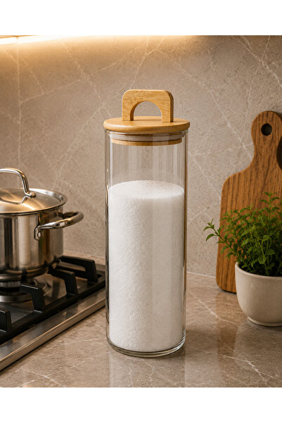 YDGR Bambu Kapaklı Cam Baharatlık Kavanozu | Çay Kahve Şeker ve Baharat Saklama Kavanozu 1400 ml