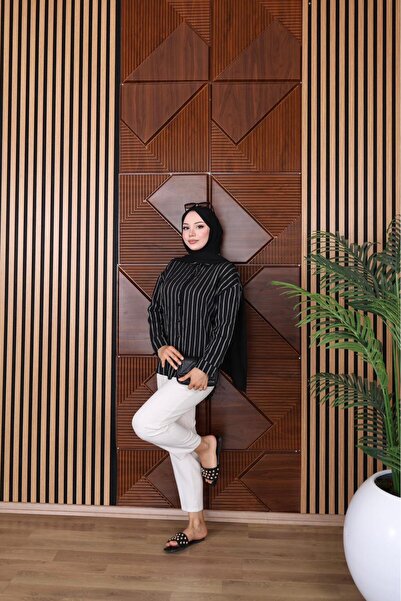 FRESH FASHION قميص، قماش أندورا مخطط، قماش كتان صيفي، طويل من الخلف