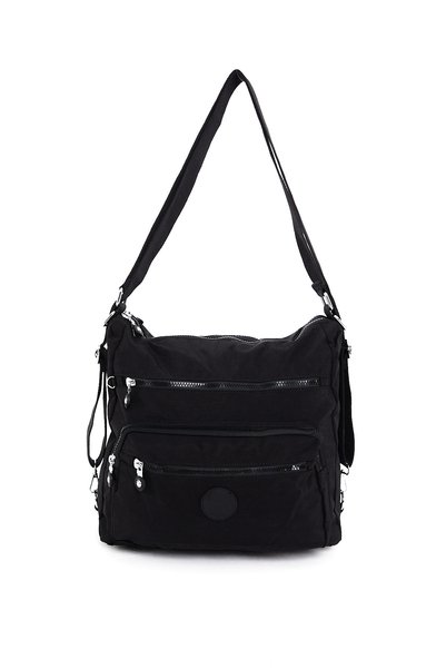 Ayax Black Women's 7-Compartment Crinkle Fabric Water-Resistant Shoulder and Backpack Bag