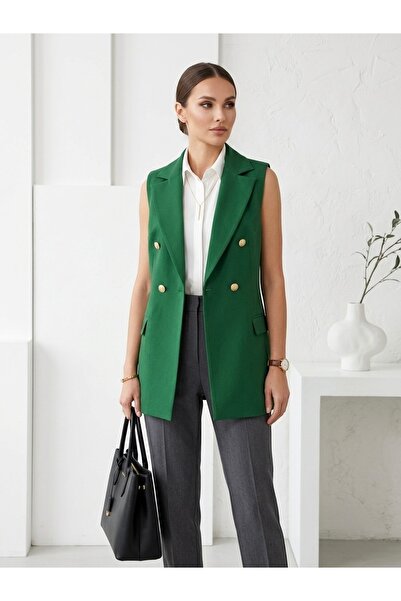 RUUJ COLLECTİON Medium Length 4 Button Classic Vest with Hijab, Large Size