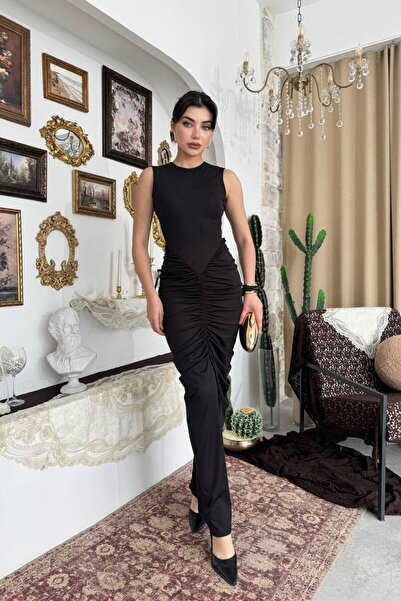 Caddebostan Moda Backless, Ruched Detail, Cut Out Long Evening Dress